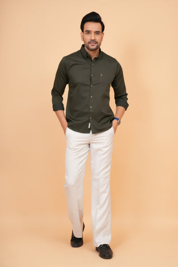 Dark olive tailored fit solid full sleeves formal shirt