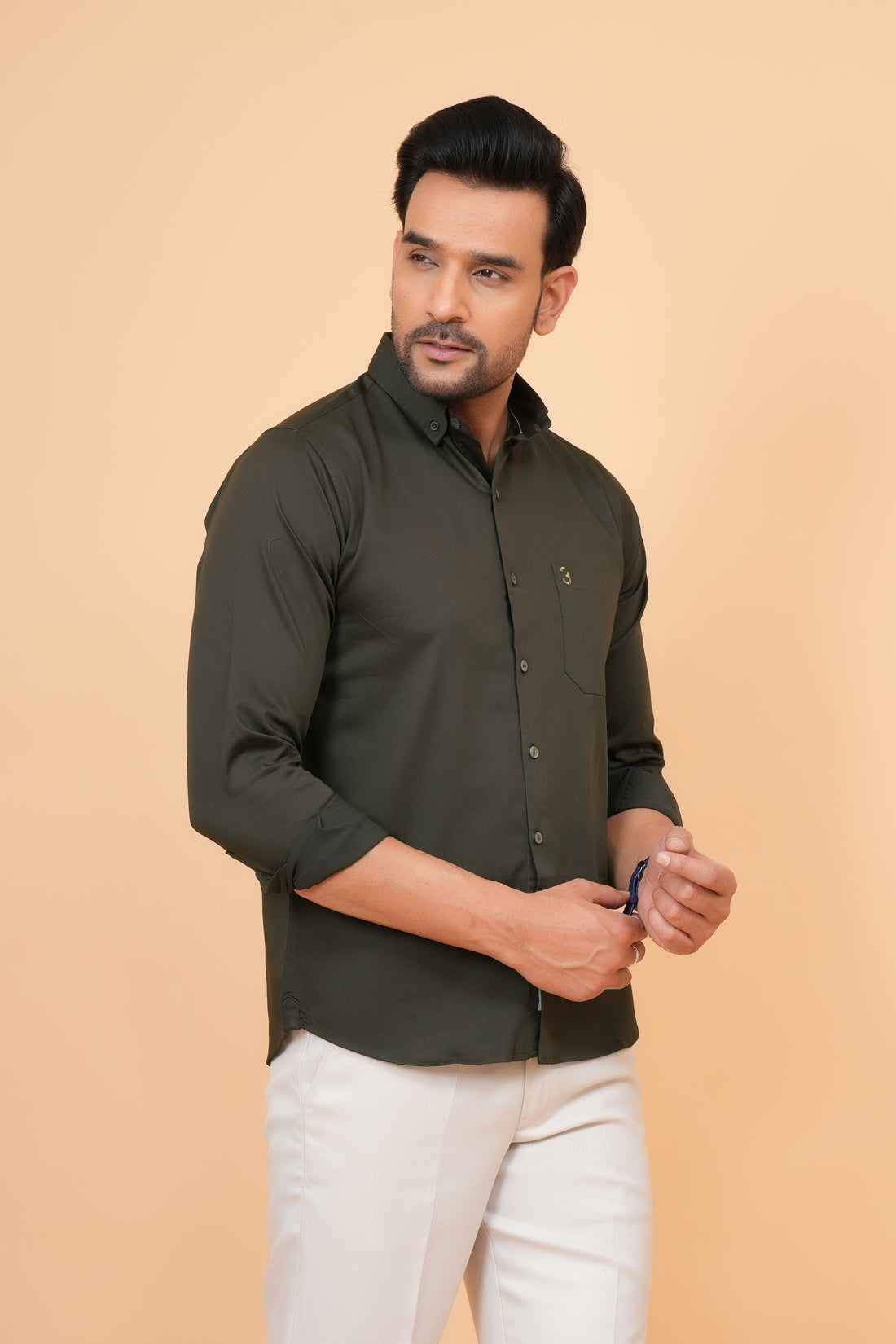 Dark olive tailored fit solid full sleeves formal shirt