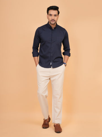 Navy blue tailored fit solid full sleeves formal shirt