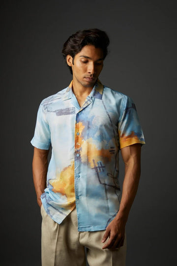Men’s Premium Abstract Printed Shirt – Sky Blue Summer Casual Wear